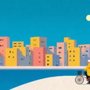 블로그 자동화 워크플로우 구축 여정을 상징하는 일러스트레이션 - 도시를 가로지르는 자전거 여행