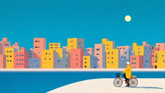 블로그 자동화 워크플로우 구축 여정을 상징하는 일러스트레이션 - 도시를 가로지르는 자전거 여행