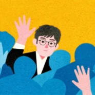 노란색 배경의 파란색 실루엣 군중 사이에서 안경을 쓴 남성(미노)이 손을 흔들며 존재감을 나타내는 일러스트. 리서치 에이전트를 통해 천편일률적인 AI 자동화 글쓰기에서 벗어나 차별화된 가치를 만드는 과정을 상징함.