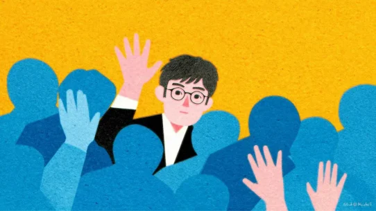 노란색 배경의 파란색 실루엣 군중 사이에서 안경을 쓴 남성(미노)이 손을 흔들며 존재감을 나타내는 일러스트. 리서치 에이전트를 통해 천편일률적인 AI 자동화 글쓰기에서 벗어나 차별화된 가치를 만드는 과정을 상징함.