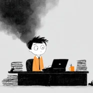 노트북 앞에서 스트레스를 받는 직장인, 주변에 쌓인 서류더미와 머리 위 먹구름으로 AI 시대 글쓰기의 부담을 표현한 일러스트