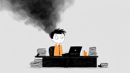 노트북 앞에서 스트레스를 받는 직장인, 주변에 쌓인 서류더미와 머리 위 먹구름으로 AI 시대 글쓰기의 부담을 표현한 일러스트